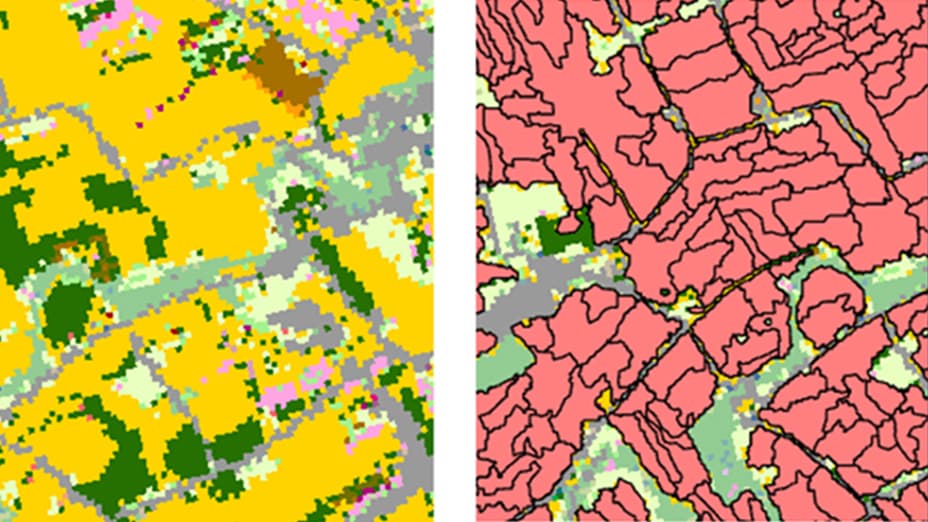 Two colorful maps identifying and classifying agricultural fields
