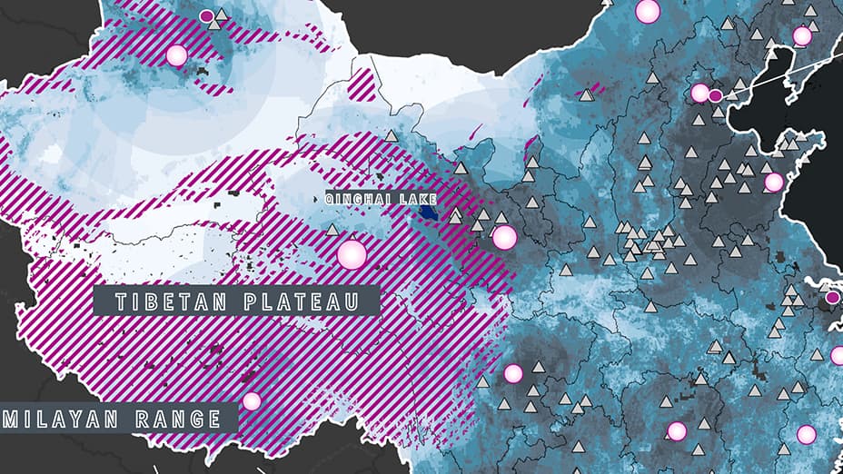 Cool toned map of China showing risk factors threatening snow leopards