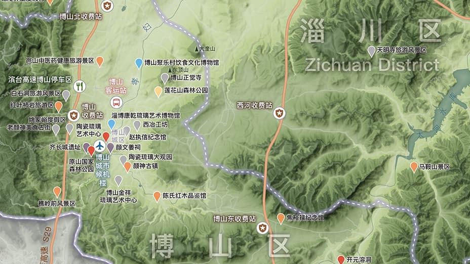 Map of Zibo City, China showcasing its natural features, tourist attractions, public transportation, and fun facts
