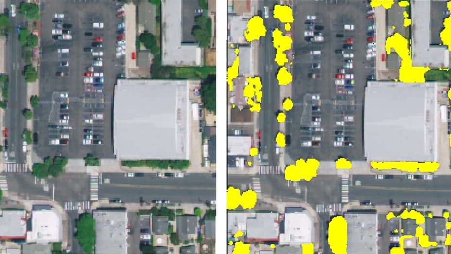 Side-by-side aerials views of the same city block and parking lot with the trees highlighted in yellow in one image