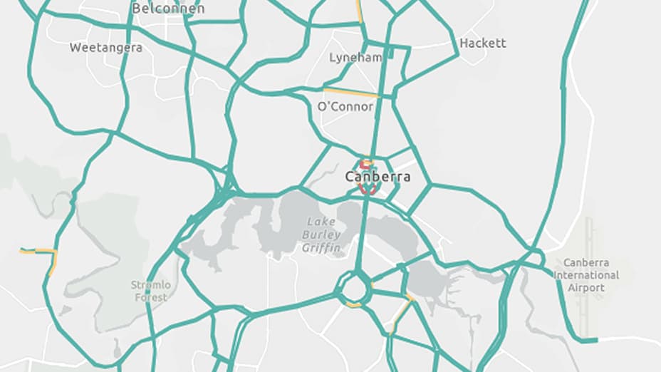 Map of Canberra roads drawn in teal