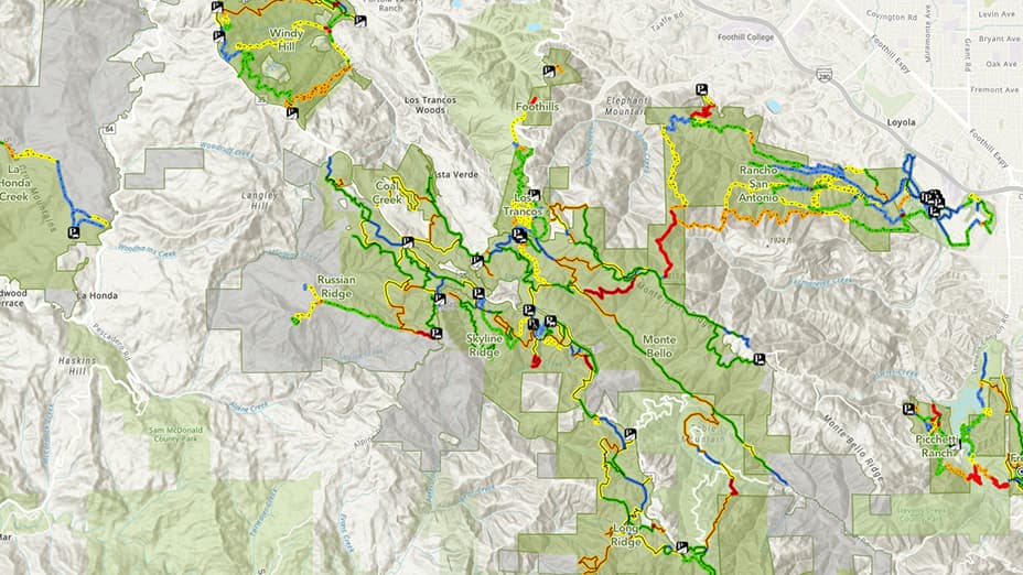 Hillshade map of multicolored trails