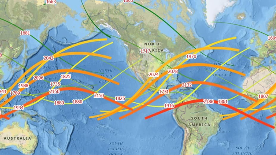 A map showing the pattern of eclipses over time around the world and the source of these patterns