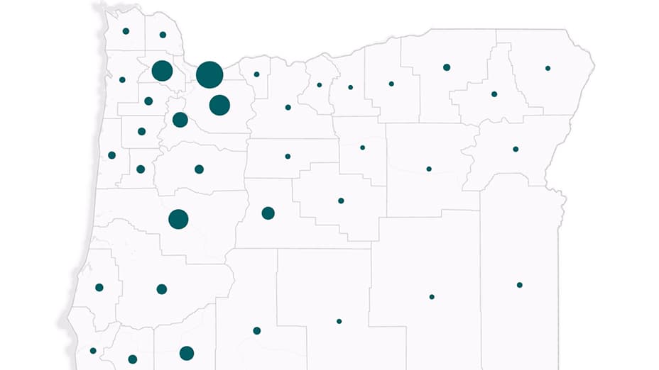 A map of Oregon with dots of varying size scattered across the state with a concentration on the west coast