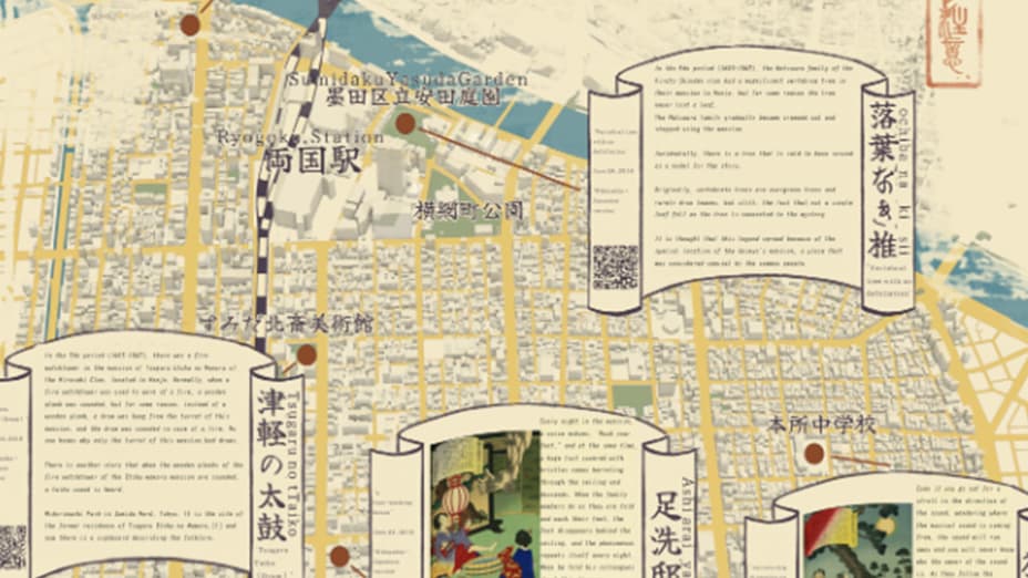 Artistic map showing the Seven Wonders of Honjo overlaid with present 3D maps of the Sumida Ward and famous Ukiyoe artwork
