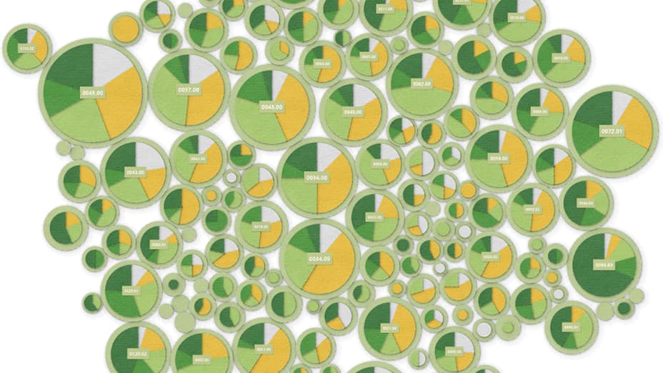 A cartogram showing many green and yellow circles representing public transit users