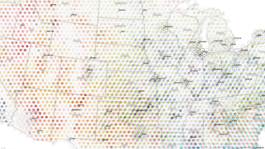 Muted mutlicolor map of using hexagon units to show different types of natural disasters in the US