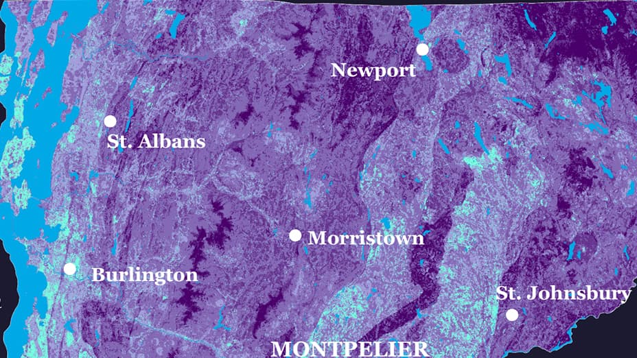 Vermont map in shades of purple and blue showing salamander habitat suitability