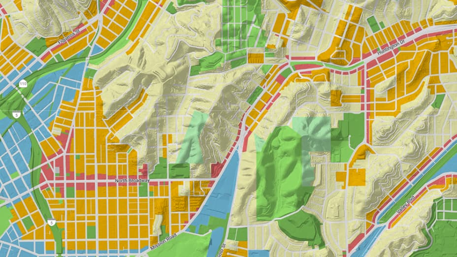 Colorful map showing the general topography and zoning of a Los Angeles community