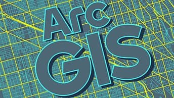 The words “ArcGIS” in gray with turquoise edges, set on a blue-gray map grid with yellow lines