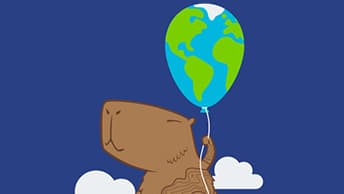 Drawing of a capybara with map contours as fur, smiling and holding a globe shaped like a balloon on a string