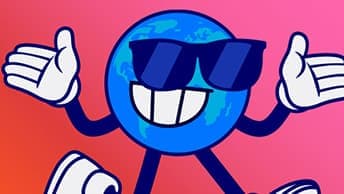 Grinning globe character wearing sunglasses