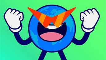 Globe character wearing outsize cateye sunglasses, mouth open and both hands raised and curled