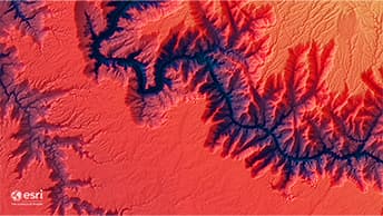 Topographic map in bright orange with water areas in purple