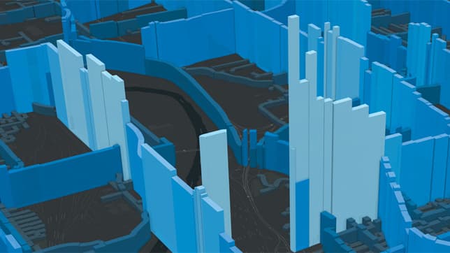 Dark grey map showing 3D lines in various shades of blue and at different heights