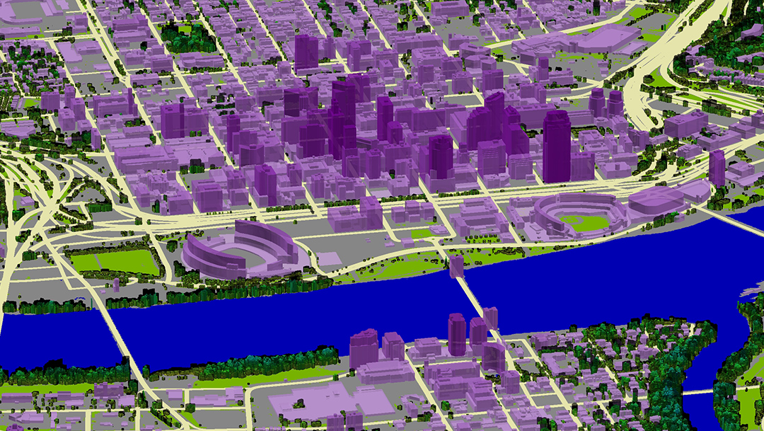 Szczegółowy wektorowy model 3D Cincinnati w stanie Ohio pokazuje budynki i pojedyncze drzewa w kształcie konturów, co pomaga w planowaniu sieci 5G. 