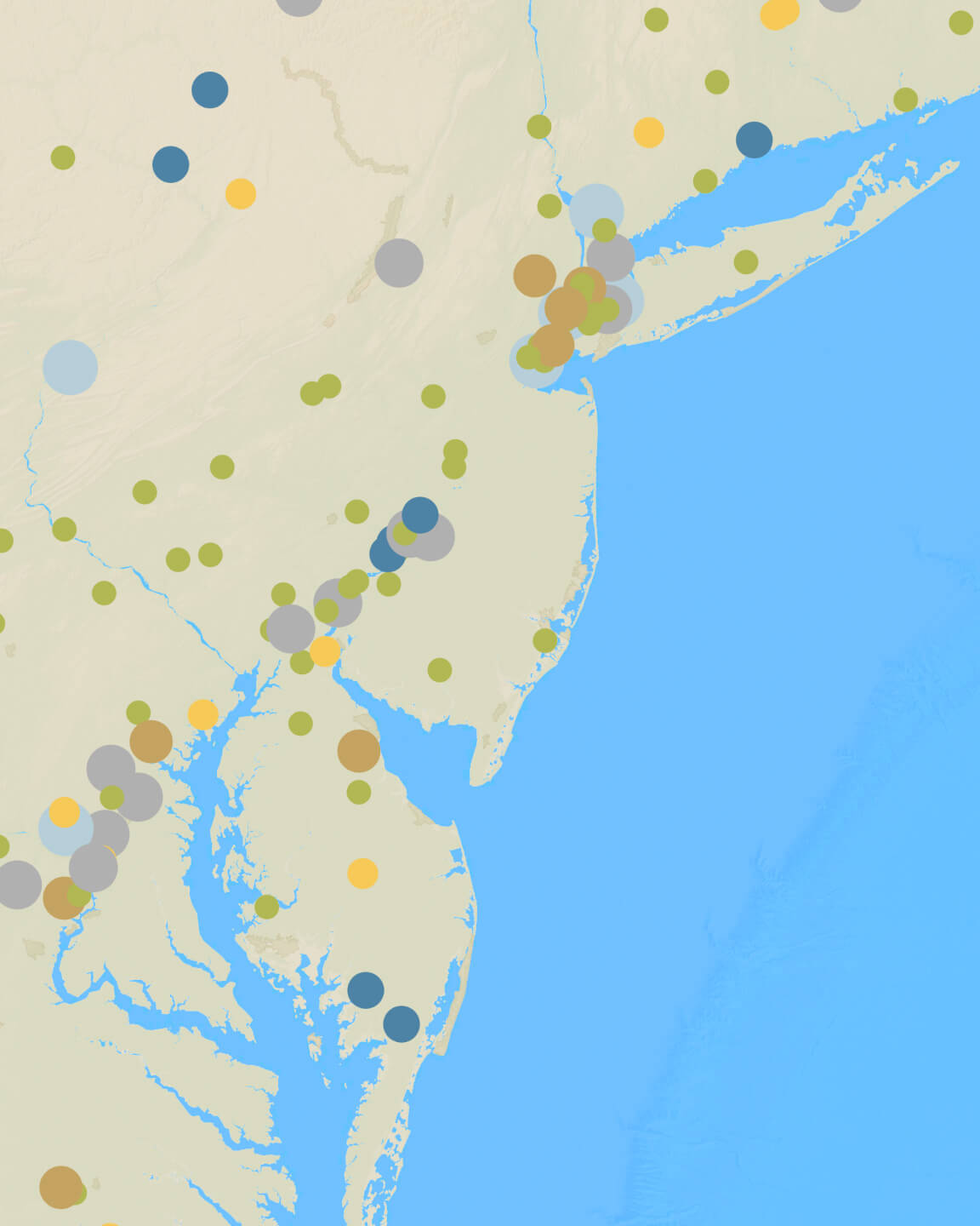 Mapa representando a qualidade do ar ao longo da costa leste dos EUA com representações de densidade circular