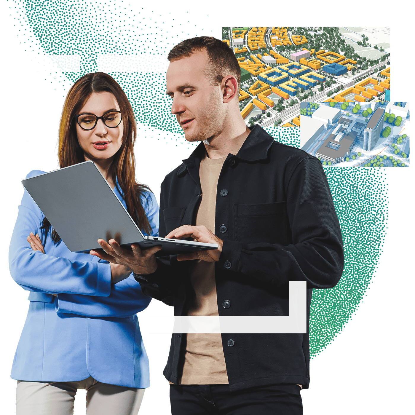 Two people looking at a laptop, a 3D map of an urban area, and 3D building map