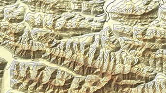 A contour map of a mountainous area in brown and beige
