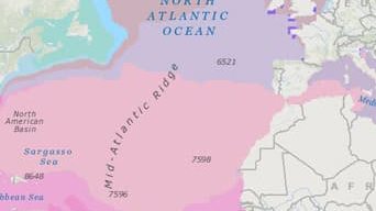 A map of the Atlantic Ocean with regions shaded in pinks and purples