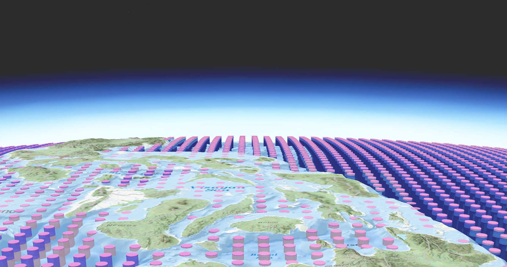 깔끔하게 줄지어 배치된 분홍색 및 보라색 원기둥이 양식화된 지구 등고선 맵에 중첩된 그래픽