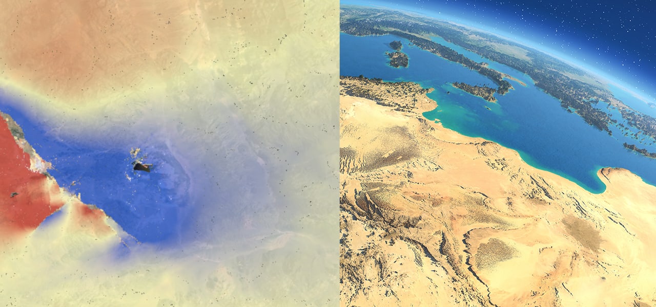 Image de collines sablonneuses avec un petit golfe menant à des eaux d’un bleu profond, la moitié gauche de l’image étant recouverte d’un effet de flou et de points cartographiques dispersés