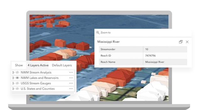 Gráfico de portátil en el que se muestra un modelo 3D de una urbanización de las afueras en colores blanco, rojo y azul, con varias pequeñas leyendas de opciones de análisis superpuestas