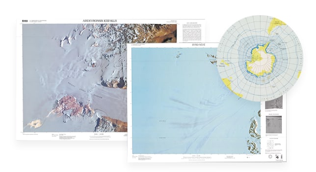 Deux cartes superposées, chacune représentant une carte d’isolignes en bleu et des légendes d’options d’analyse, recouvertes par une petite carte polaire ronde