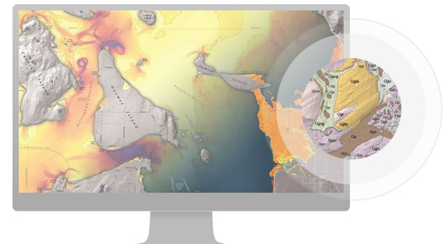 Immagine del monitor di un computer che visualizza una mappa termica colorata con una sezione piccola ingrandita della stessa proiettata all'esterno in un bordo circolare