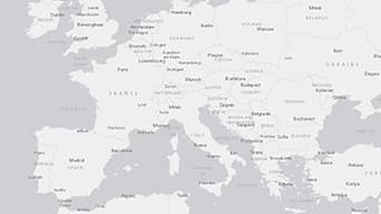A map of Central and Eastern Europe in shades of gray with all countries and major cities labeled in black text