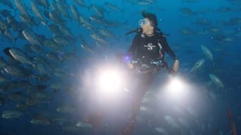 A scuba diver in the ocean surrounded by a school of fish