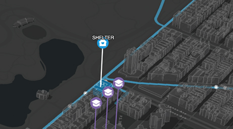 An aerial view of a 3D city model in shades of dark gray dotted with icons showing schools and shelters