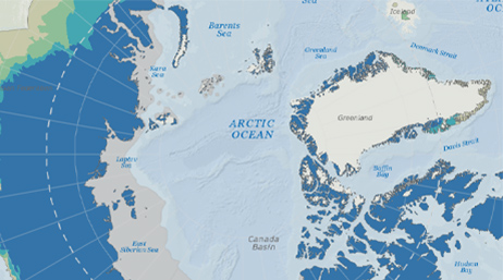 Um mapa azul claro do Oceano Ártico
