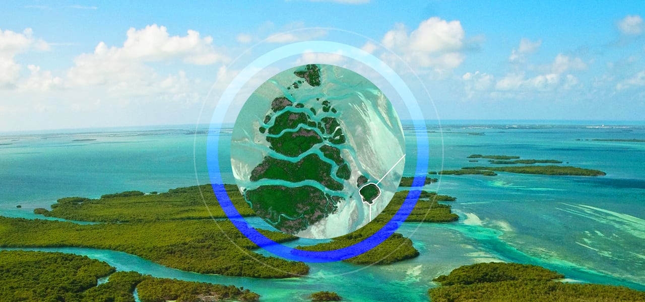 Una sección de pequeñas islas superpuesta con un mapa circular 2D de las islas