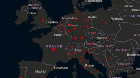 Um mapa de concentração da Europa com pontos vermelhos em um fundo cinza