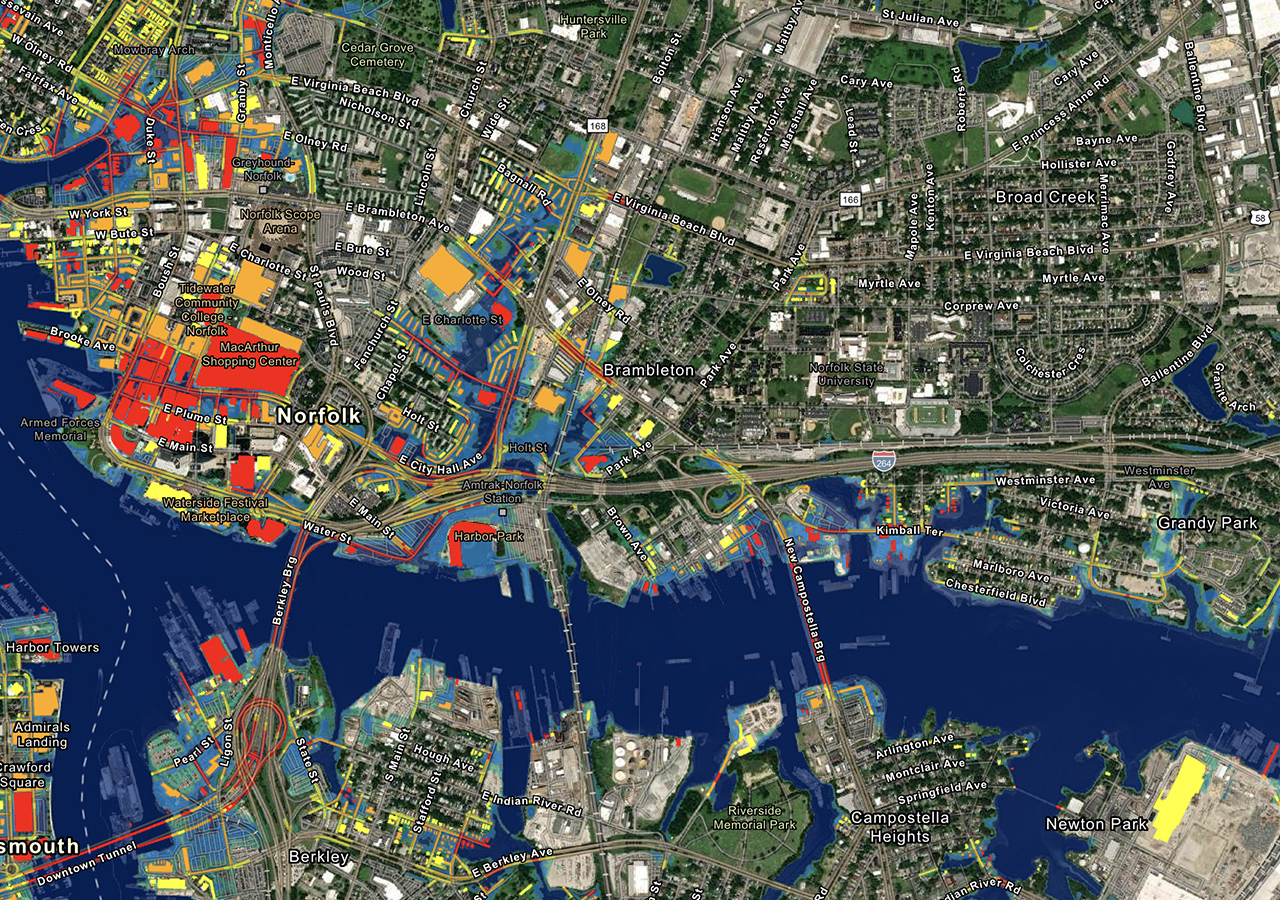 Una mappa colorata di Norfolk, VA con edifici vicini all'acqua e strade sfumate in rosso e giallo