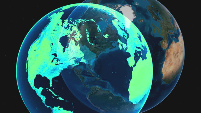 A 3D rendering of the earth with a glowing green North and South America, in front of a more realistic rendering of the earth, representing storing data about the earth digitally 