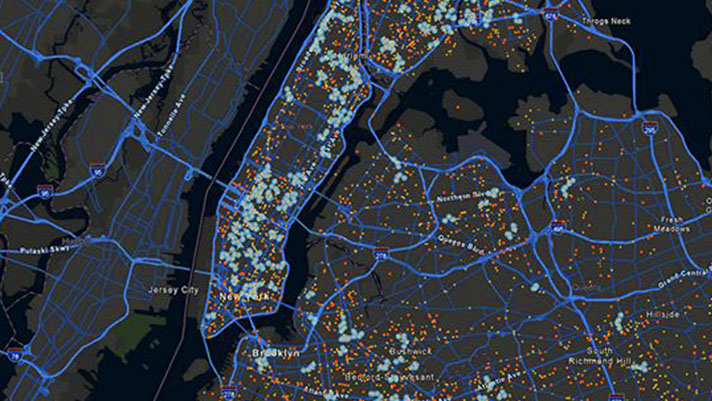 A map of New York City with a dark background, blue roads and highway, and red dots marking different locations across the city