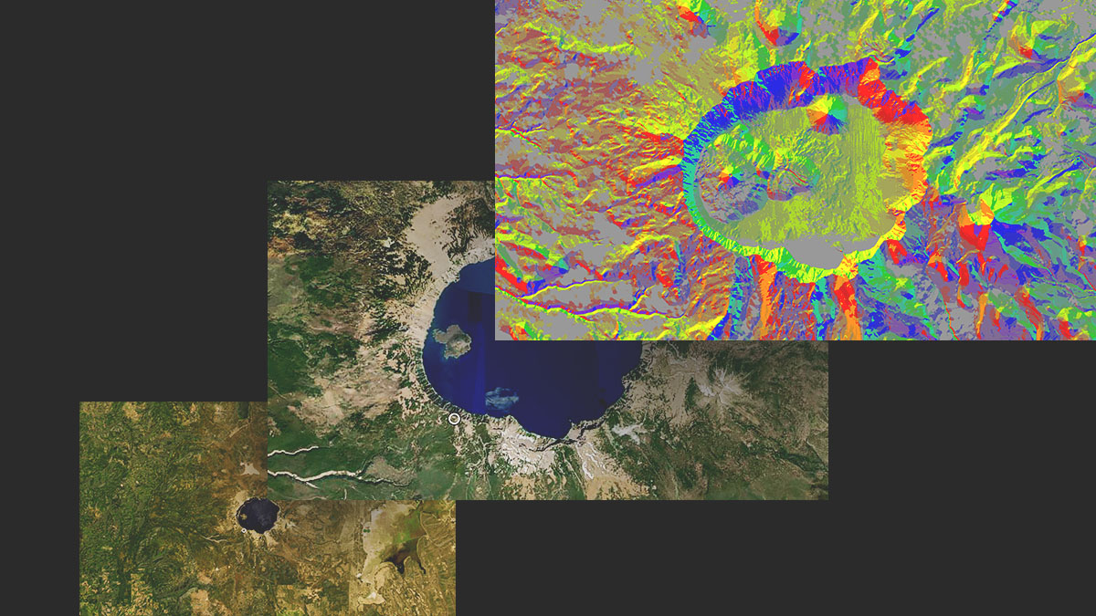 Три панели показывают озеро издалека, то же озеро крупным планом и озеро с данными дистанционного зондирования красным, желтым и синим цветом.