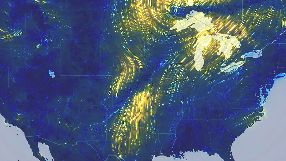 Une carte des États-Unis présente le sol en bleu foncé avec des lignes jaunes courbes indiquant les modèles météorologiques