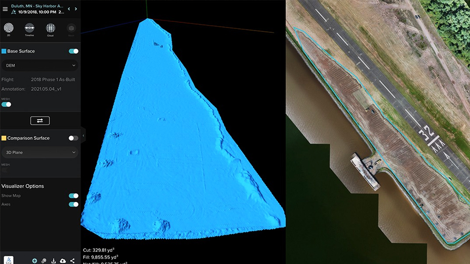 Cyfrowy model terenu wyświetlany obok tego samego obszaru nałożonego na wysokiej rozdzielczości zdjęcia z dronu