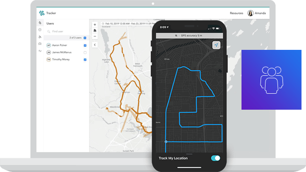 Um dispositivo móvel mostra opções para configurações de camada de dispositivo e mapa ao lado de uma tela de laptop de um mapa e um ícone de três pessoas
