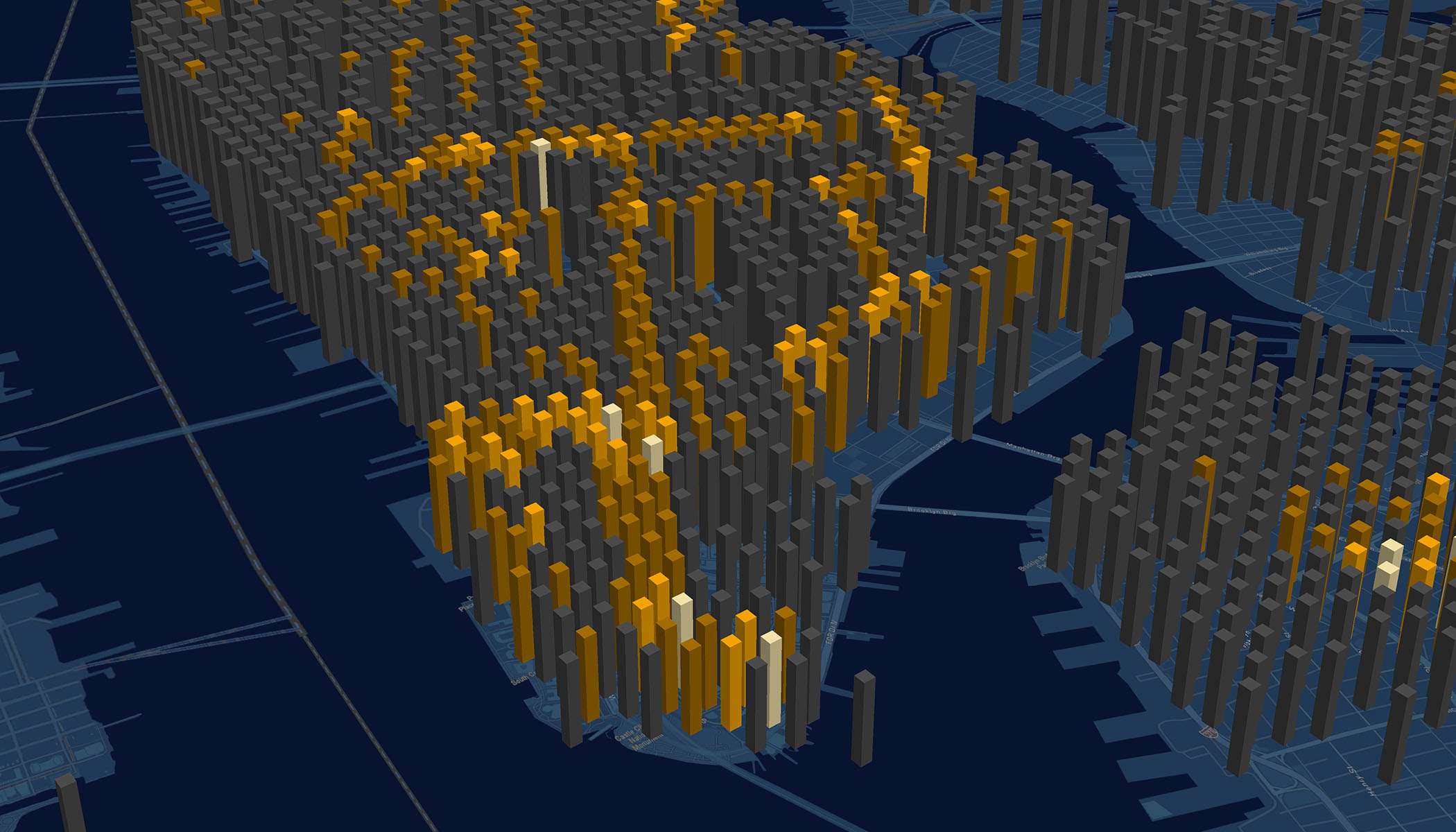 視覚化された 3D の都市マップ。高さが異なり色もグレーから黄までさまざまな柱が、暗い青の格子線上にある異なるエリアのデータの強度を示している。