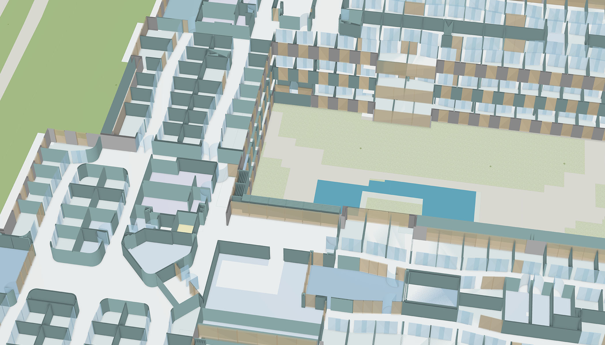 大きな建物の視覚化された 3D フロア計画。青、白、ベージュのさまざまな色調の部屋、廊下、オープン スペースが示されており、屋外には緑地がある。