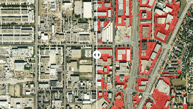 卫星图像显示了一簇建筑物，其中某些使用红色标出