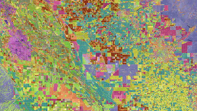 Uma imagem aérea multicolorida em azul, verde, vermelho e rosa que identifica lotes de terra 