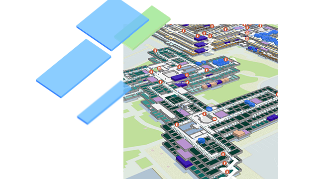 الأشكال الملونة لعناصر المخطط الأرضي من خريطة داخلية مع أصول ومساحات ومعالم المباني الداخلية على خريطة ثلاثية الأبعاد للمبنى.