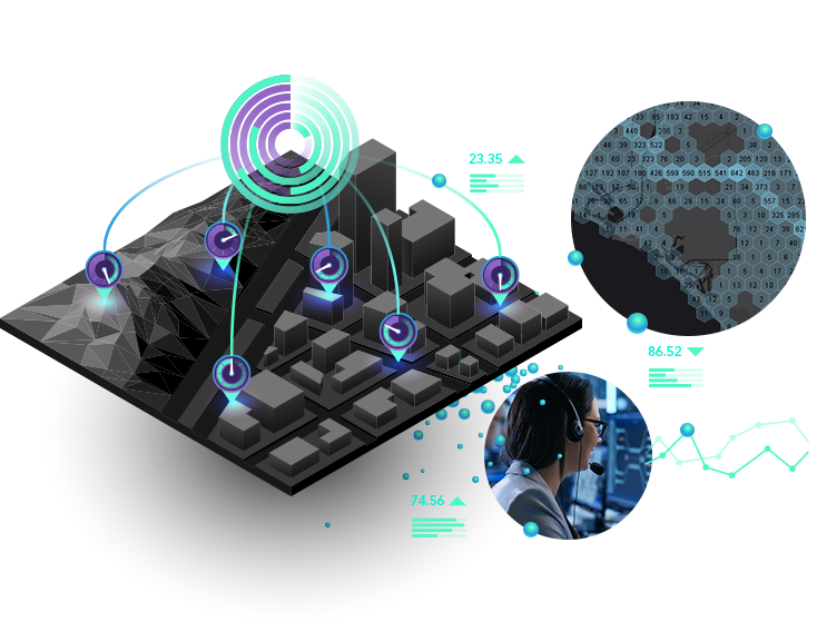 Woman with a headset at a computer and gray 3D image with clock icons, blocks, and numerical data