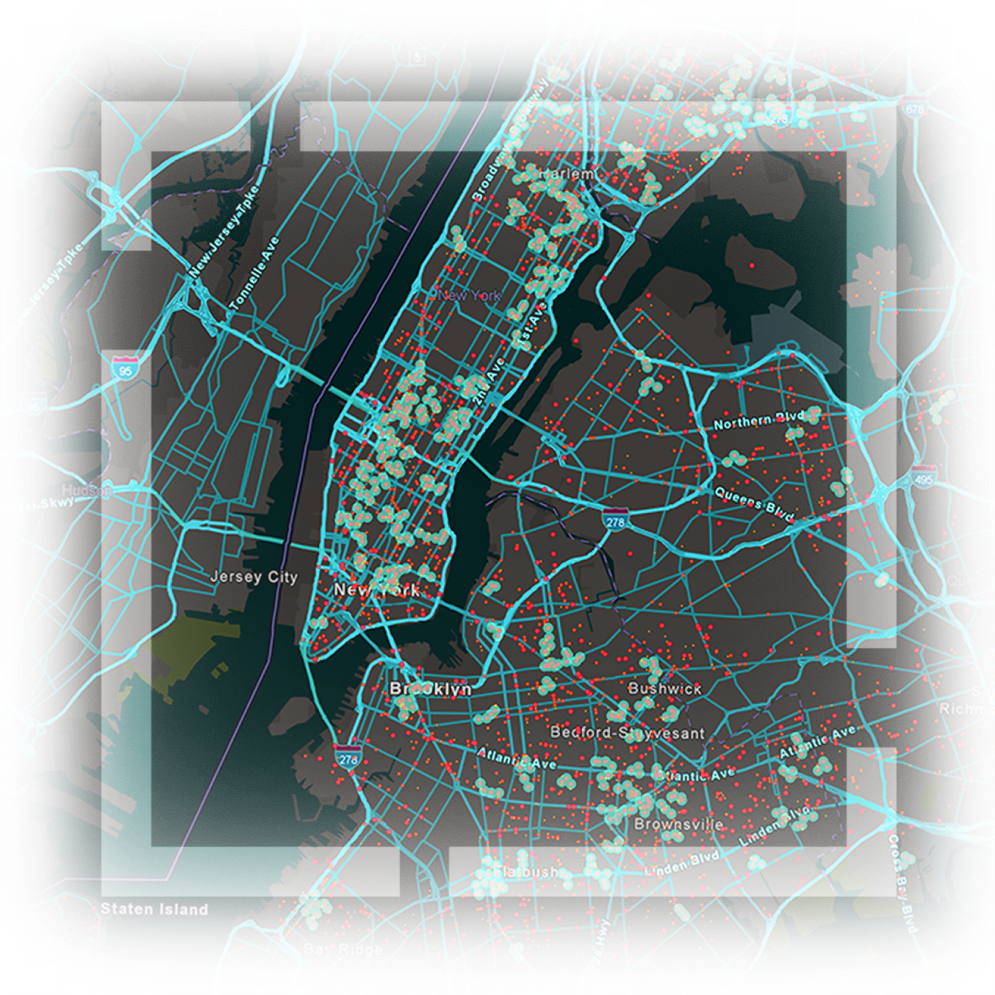 Mapa Nowego Jorku ilustrująca autostrady, drogi i lokalizacje zasobów zaznaczone niebieskimi i czerwonymi liniami