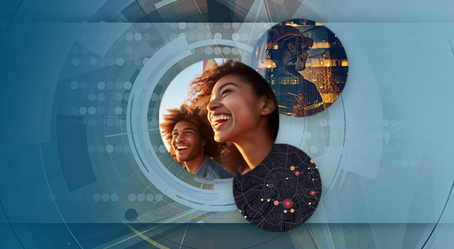 A collage of people laughing, a map, and a person in an urban environment overlaid on a blue background with graphic elements